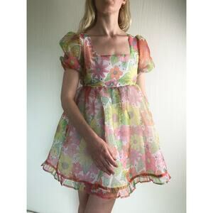 NISSA NEW YORK Sheer Floral Puff Sleeve Babydoll Dress US SMALL